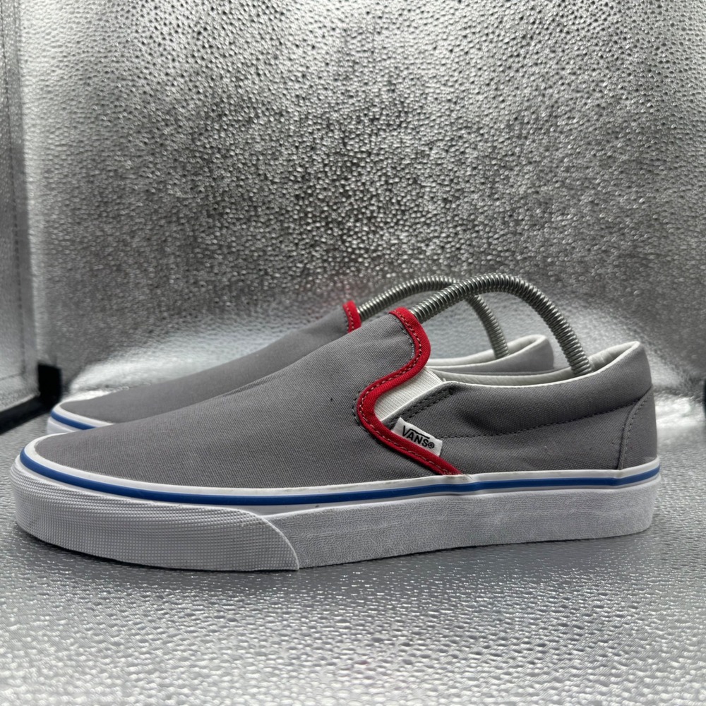 Size 9 Vans Slip On Mens Gray Excellent Canvas Red Trim Low Top Sneakers